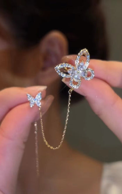 Pendientes elegantes con clip de oreja para mujer con circonita y mariposa hueca