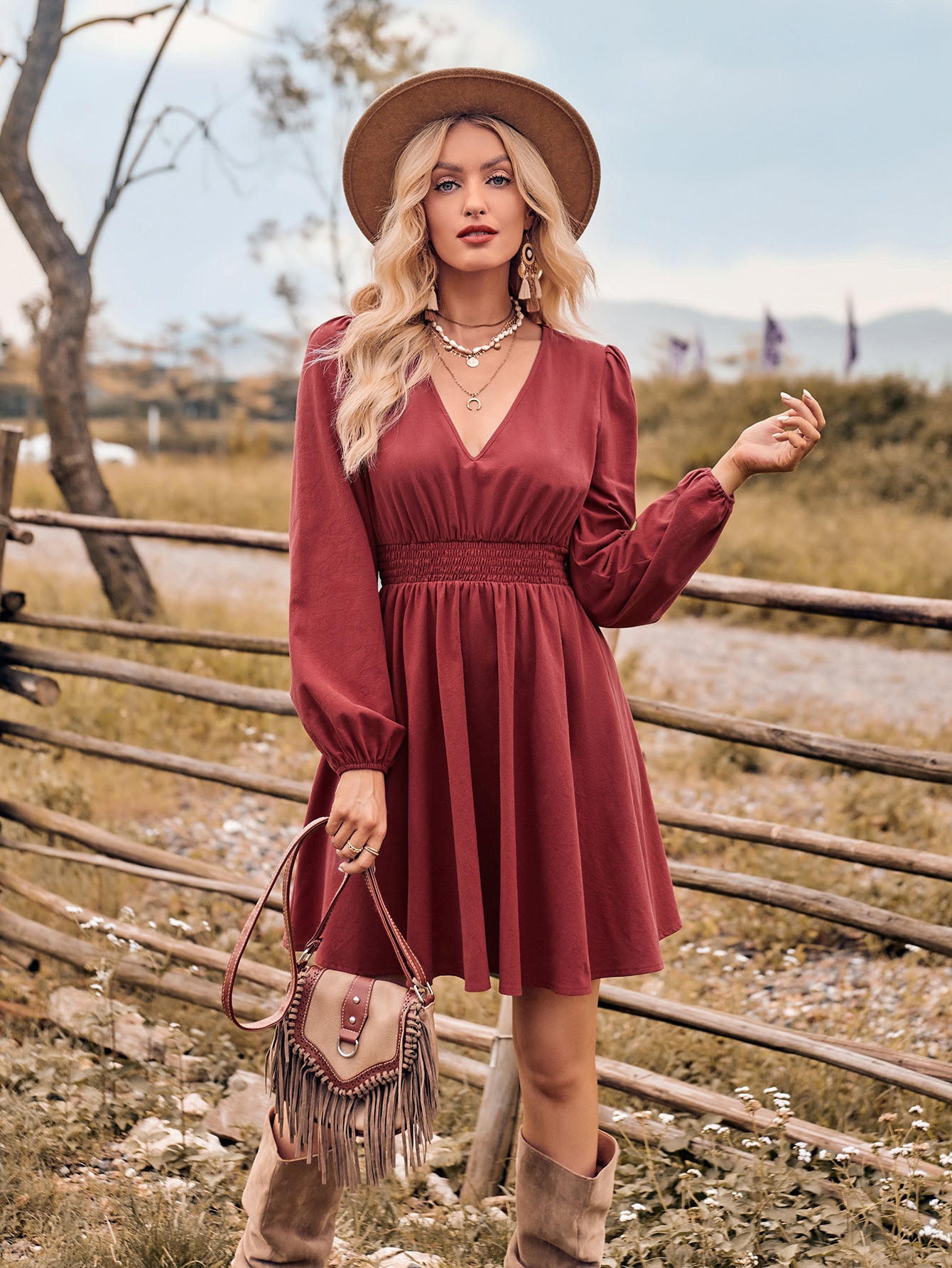 Fashion V-neck Casual Women's Solid Color Waist Tight Long Sleeve Slim Dress