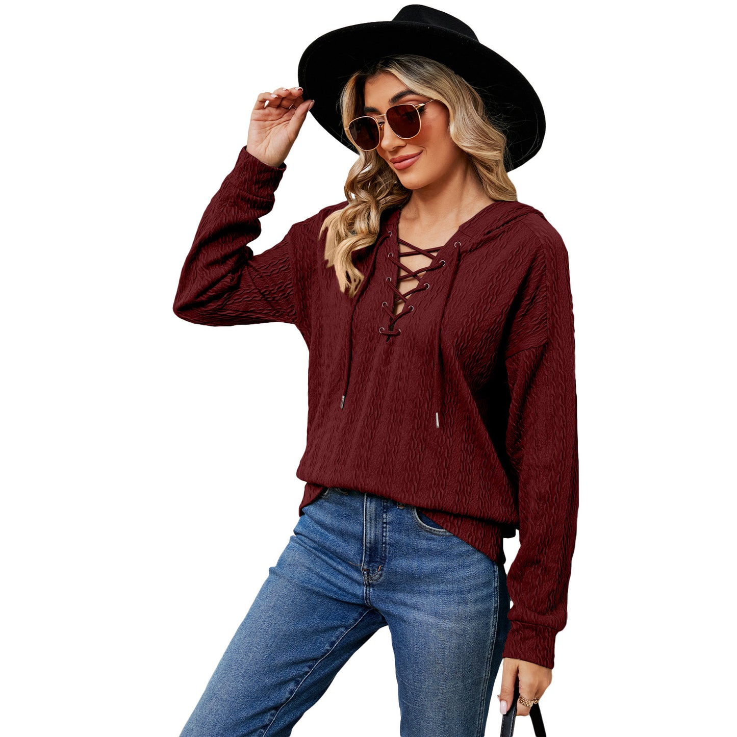 Women's Solid Color Hooded Sweater Neckline Tied Long Sleeves Top