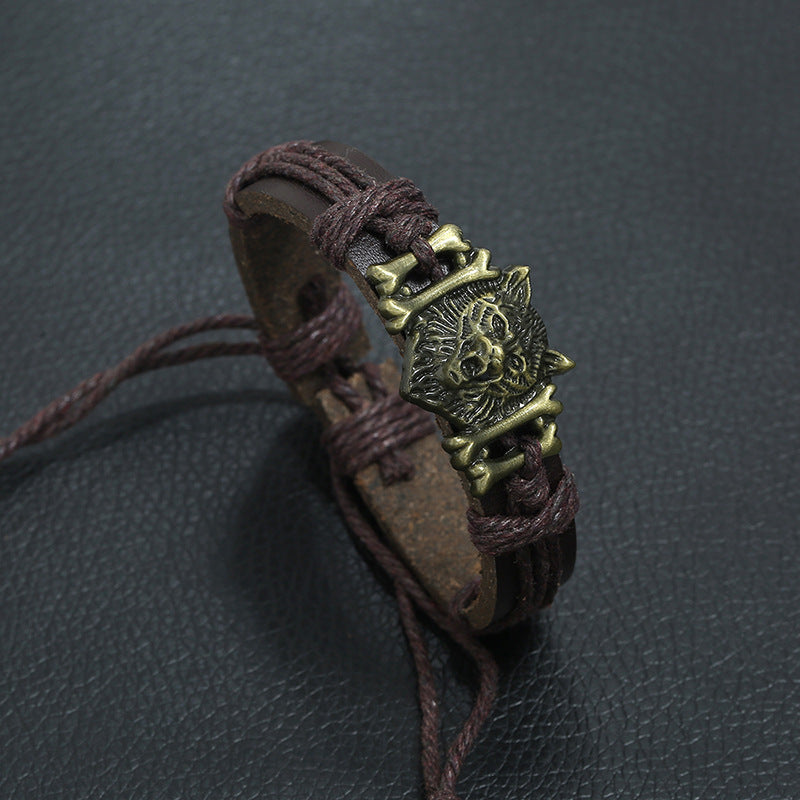 Vintage Weave Leather Bracelet Bronze Alloy Wolf Head Cattle Leather Bracelet