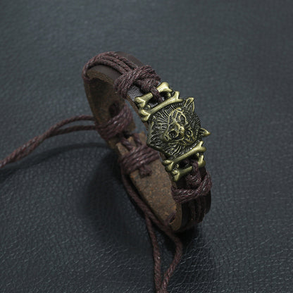 Vintage Weave Leather Bracelet Bronze Alloy Wolf Head Cattle Leather Bracelet