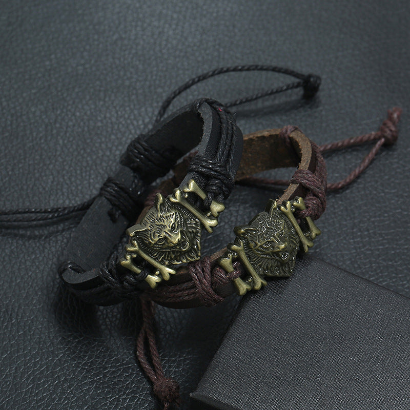 Vintage Weave Leather Bracelet Bronze Alloy Wolf Head Cattle Leather Bracelet