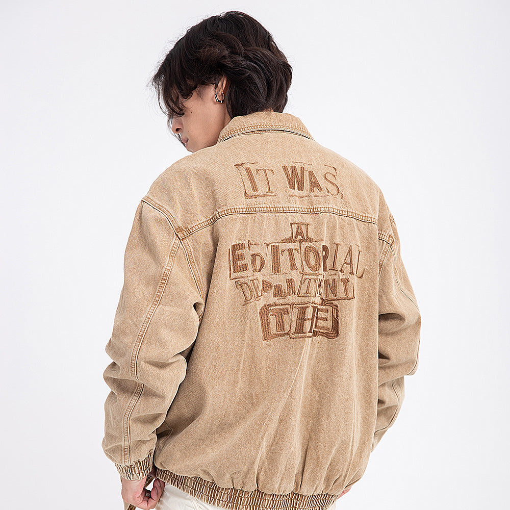 Heavy-duty Washed Distressed Back Letter Embroidered Denim Jacket